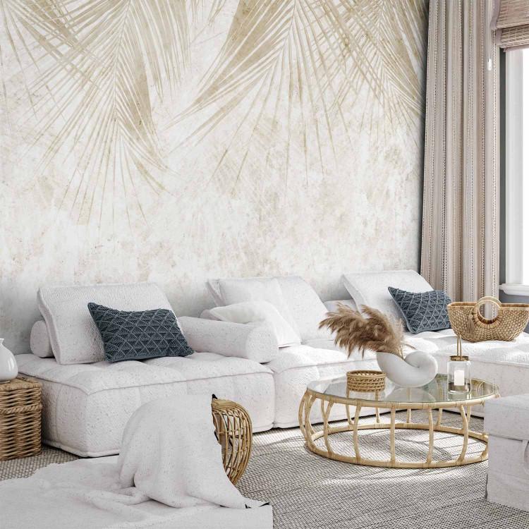 Wall Mural Boho Style Twigs - Beige Tropical Palm Leaves on a Cloudy Background