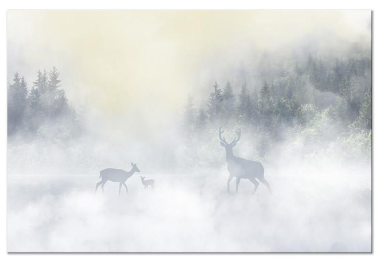 Canvas Print Deer and Stag in the Mist (1-piece) - animals against the backdrop of a lake and forest