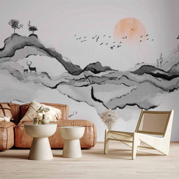Wall Mural Watercolor Gray Mountains - Abstract Landscape of Nature in Japanese Style