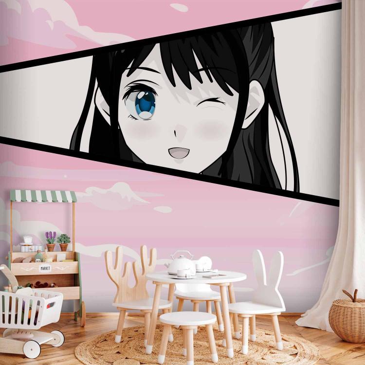 Wall Mural Manga Style Girl - Comic Book Character Against a Pink Sky Background