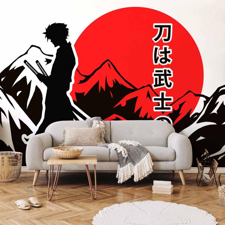Wall Mural Lonely Samurai - Mountain Landscape, Japanese Inscription and Anime Character