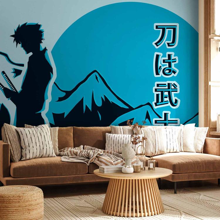 Wall Mural Lonely Samurai - Japanese Inscription, Mountain Landscape and Manga Character