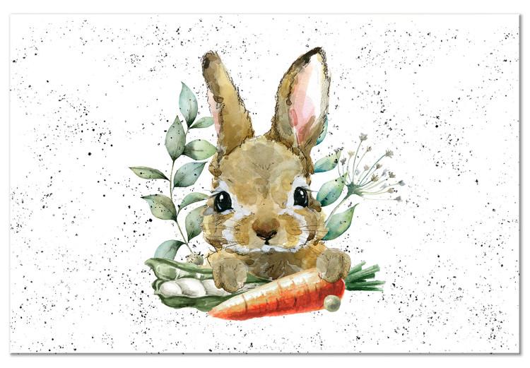 Canvas Print Rabbit With a Carrot - Painted Hare With Vegetables on a Speckled Background