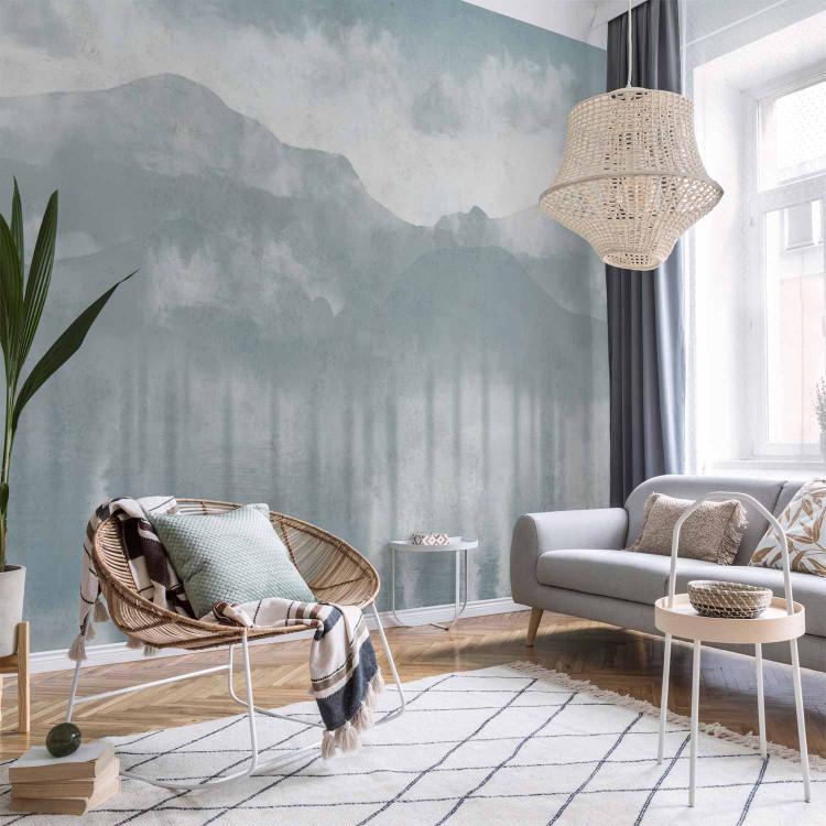 Wall Mural Hazy Landscape - View of the Mountains and the Lake in Delicate Tones