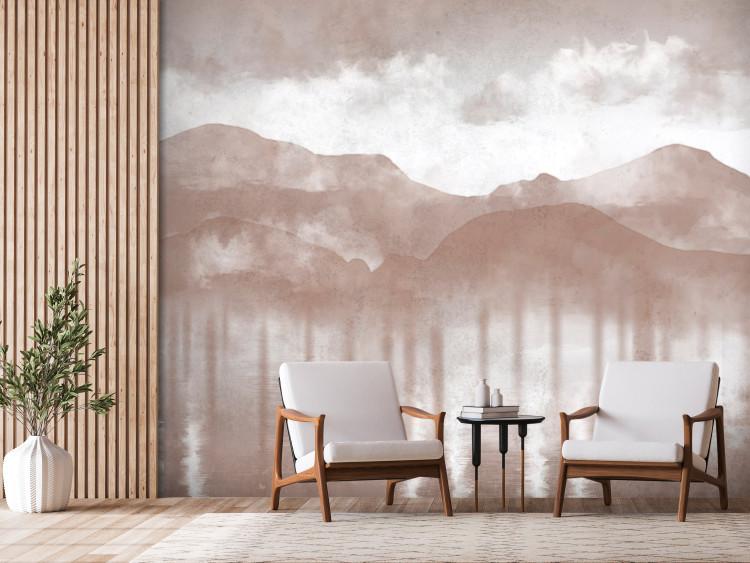 Wall Mural Hazy Landscape - View of Mountains and Lakes in Warm Tones