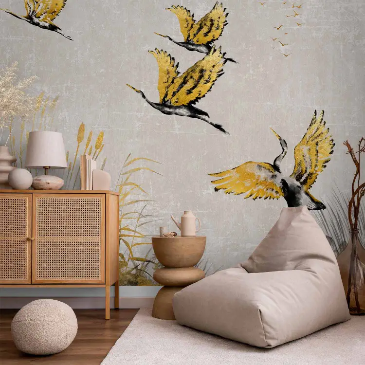 Cranes at Sunset - Birds painted with ink and gold