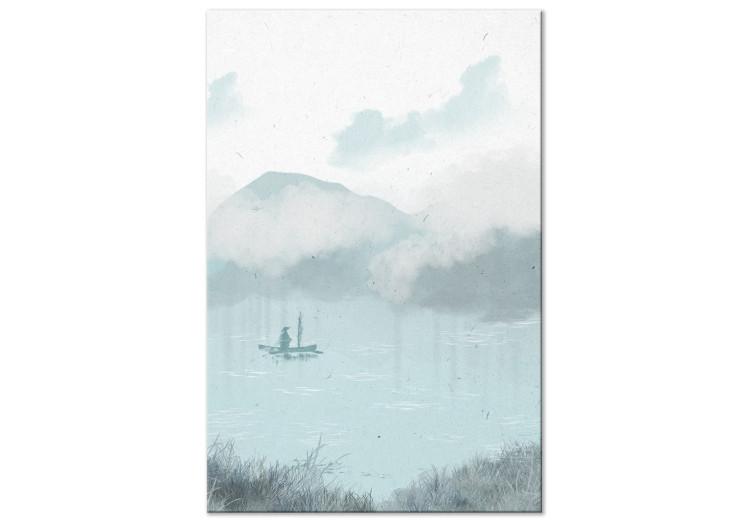 Canvas Print Fishing in the Morning - Small Boat Against the Backdrop of Majestic Mountains