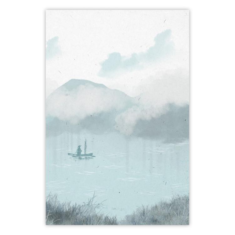 Poster Fishing in the Morning - Small Boat Against the Background of Misty Mountains