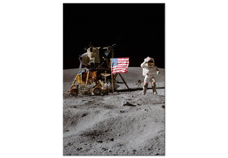 Canvas Print Moon Landing - Photo of an Astronaut, a Ship and a Flag in Space