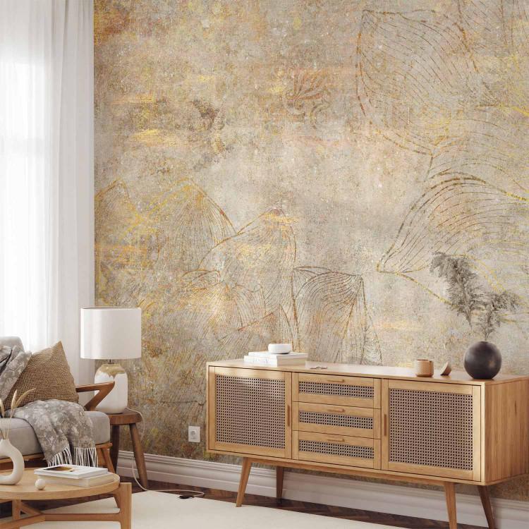 Wall Mural Gold Etude - Graphics in Gray and Yellow Colors with Flowers in the Background
