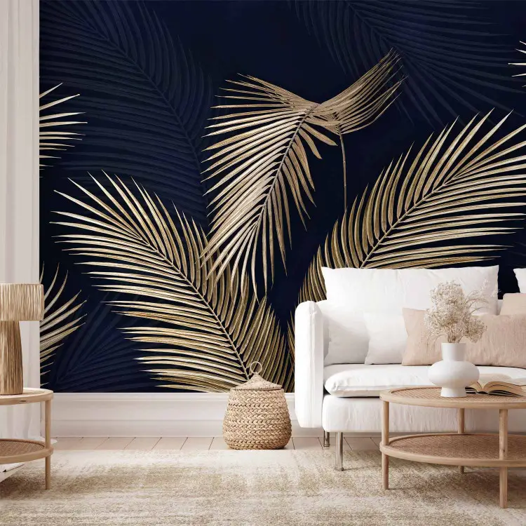 Golden Palm Trees - Graphics with Leaves in Yellow Colors on a Navy Blue Background