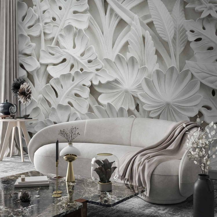 Wall Mural Plaster Vegetation - White Spatial Composition of Leaves and Flowers