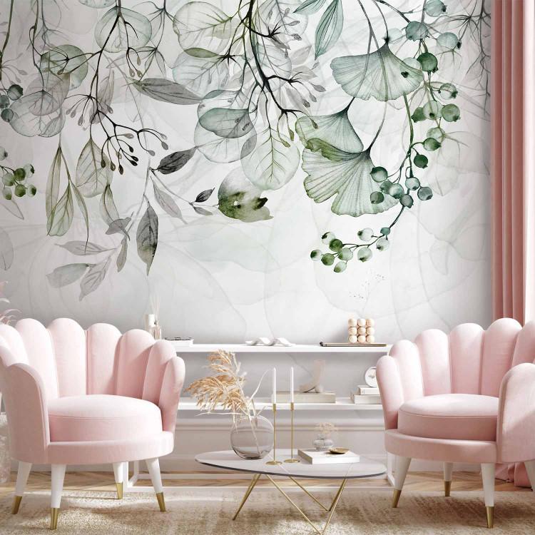 Wall Mural Watercolor Nature - Green Leaves, Flowers and Fruit on a Light Background
