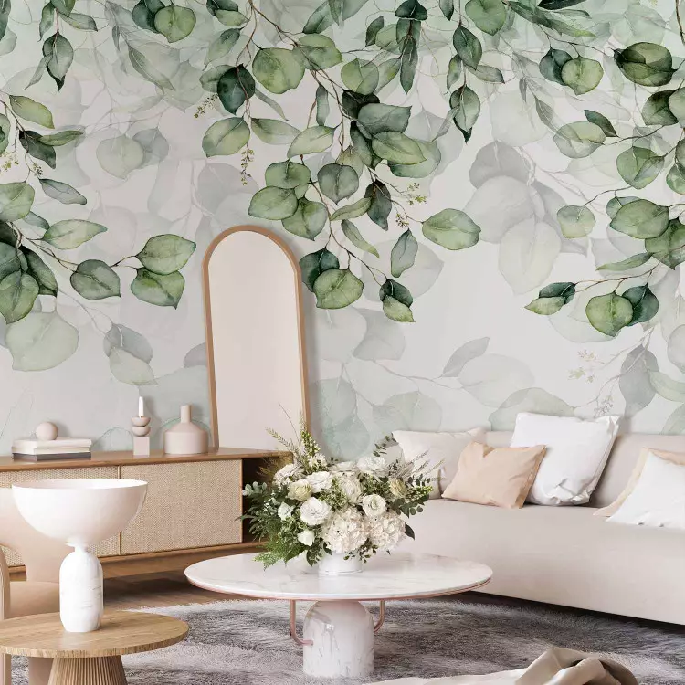 Decorative Leaves - A Floral Motif in Light Greens on a White Background