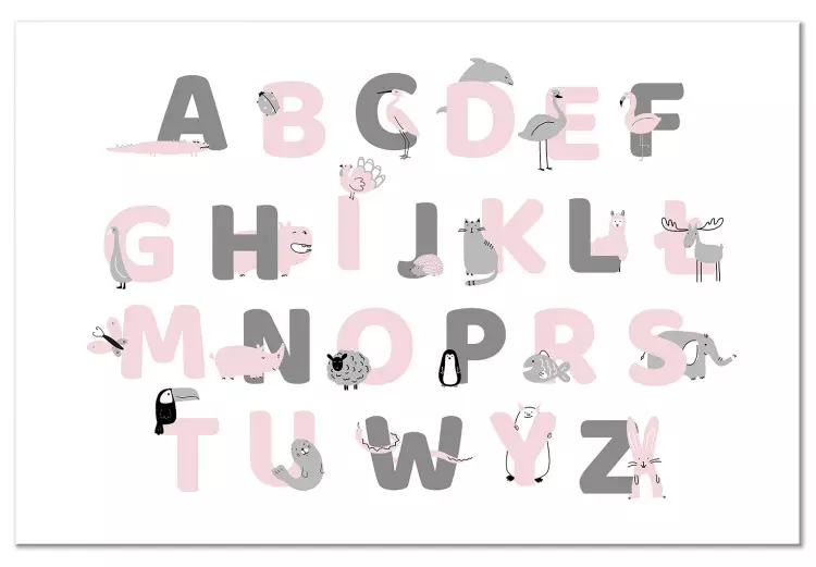 Canvas Print Polish Alphabet for Children - Pink and Gray Letters with Animals