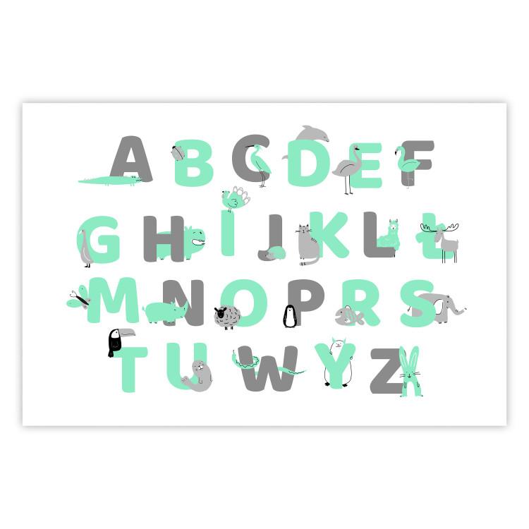 Poster Polish Alphabet for Children - Gray and Mint Letters with Animals