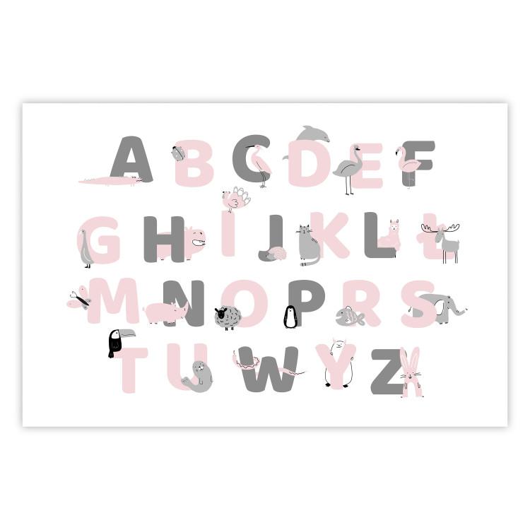 Poster Polish Alphabet for Children - Gray and Pink Letters with Animals