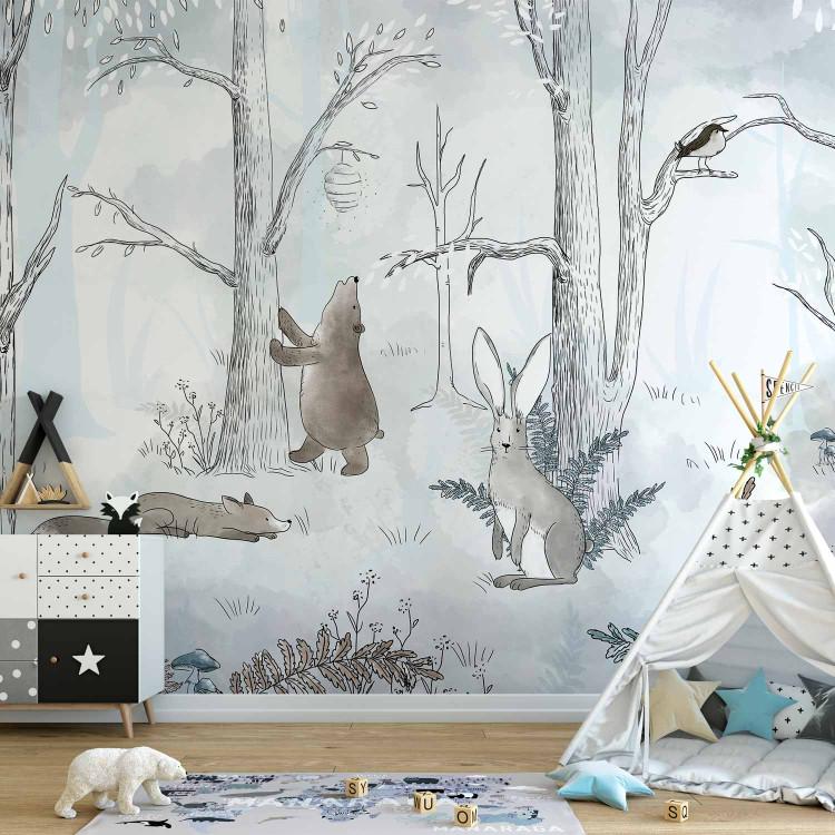 Wall Mural Drawn Forest - Watercolor Forest Animals on a Blue Background