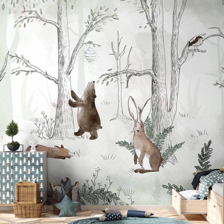 Wall Mural Drawn Forest - Watercolor Forest Animals on a Green Background