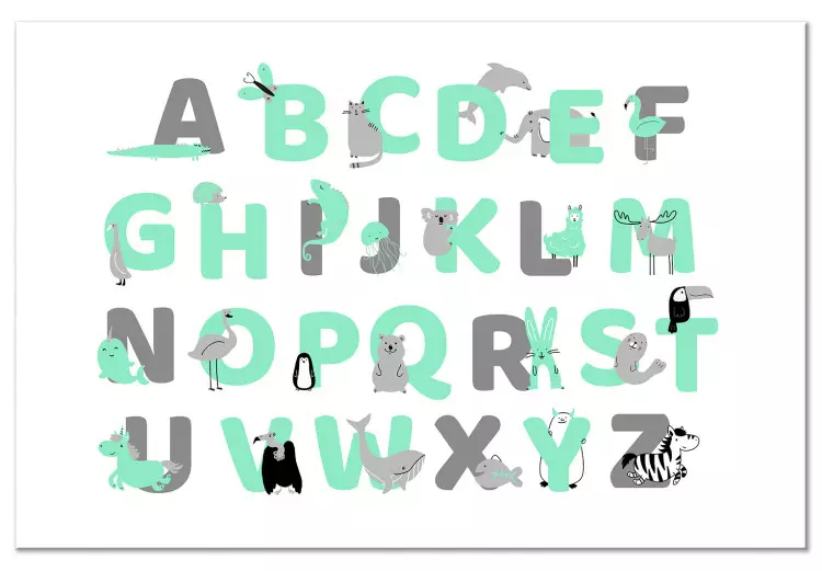 Canvas Print English Alphabet for Children - Mint and Gray Letters with Animals