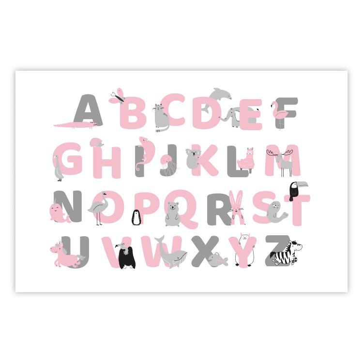 Poster English Alphabet for Children - Gray and Pink Letters with Animals