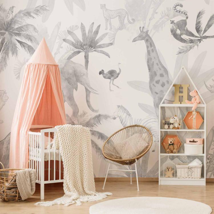 Wall Mural Tropical Safari - Wild Animals in Grays on a White Background