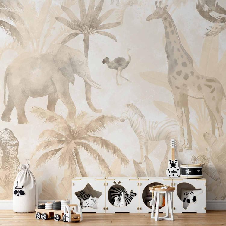Wall Mural Tropical Safari - Wild Animals in Beige Tones on a White Background
