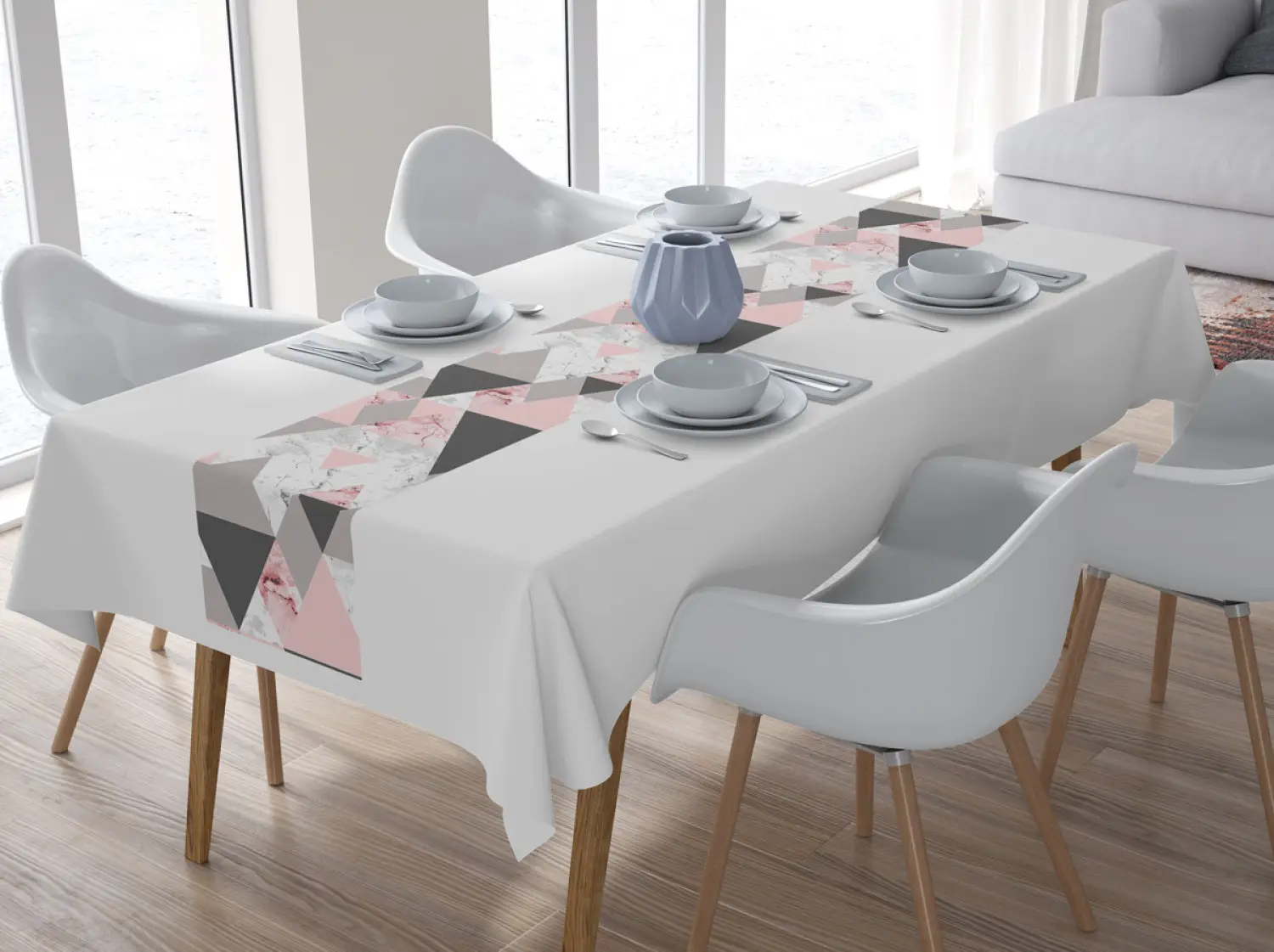 Modern table runner Powdery triangles - geometric, minimalist motif in shades of pink - bimago