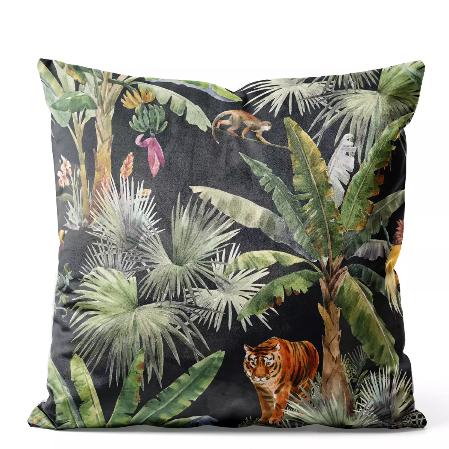 Velour decorative pillow In the jungle palm trees tiger and monkey on dark background bimago