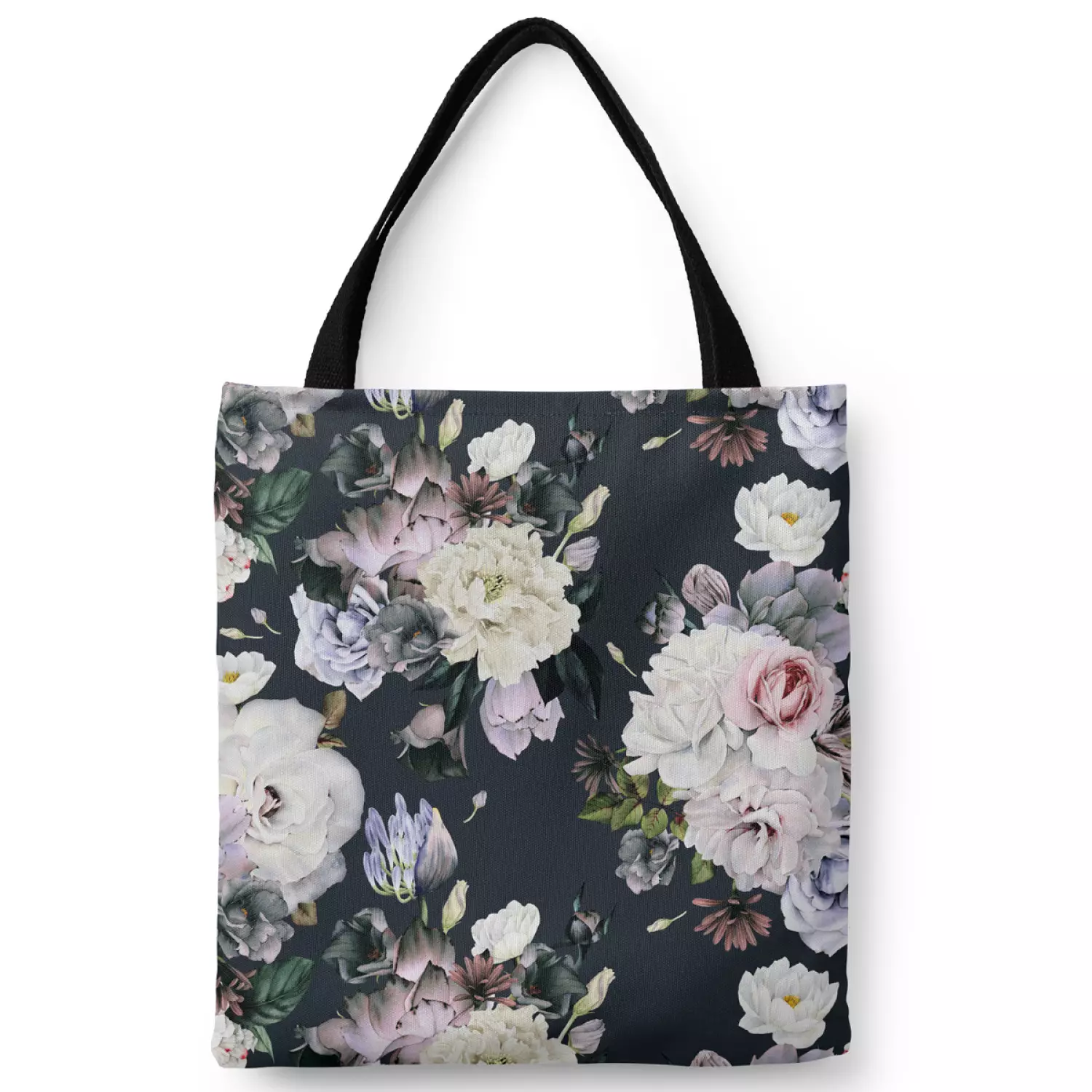 Shoulder bag Stately bouquet rose and peony flowers on black background bimago