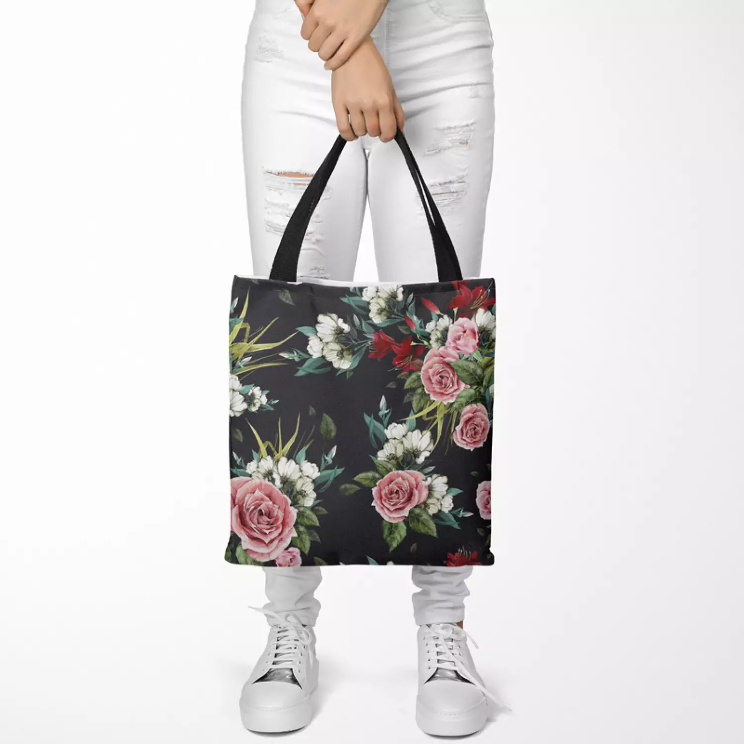 Shoulder bag Simple beauty vintage style rose flower design on black background bimago
