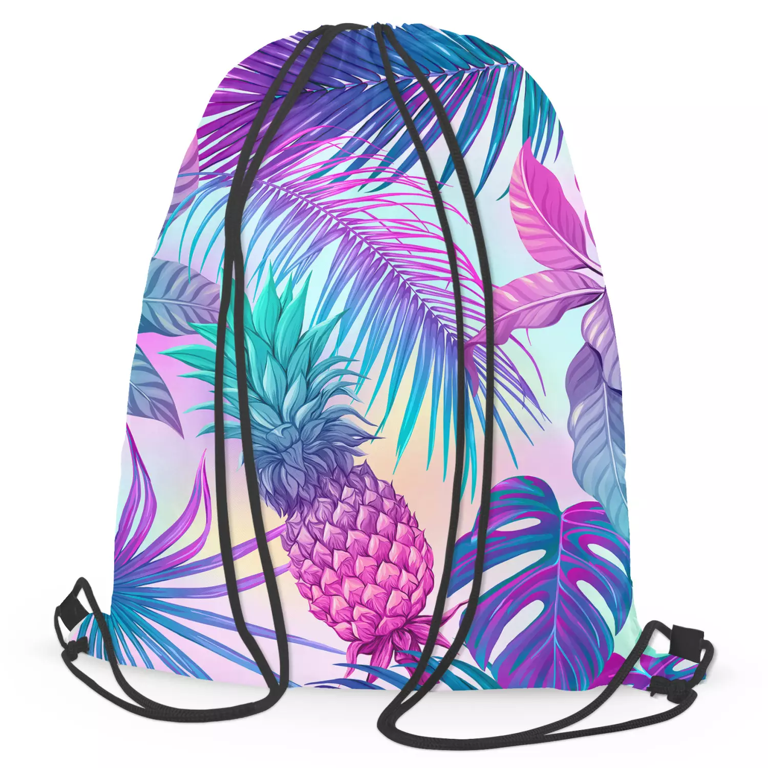 String backpack bag Pina colada neon graphic pattern with tropical flora bimago