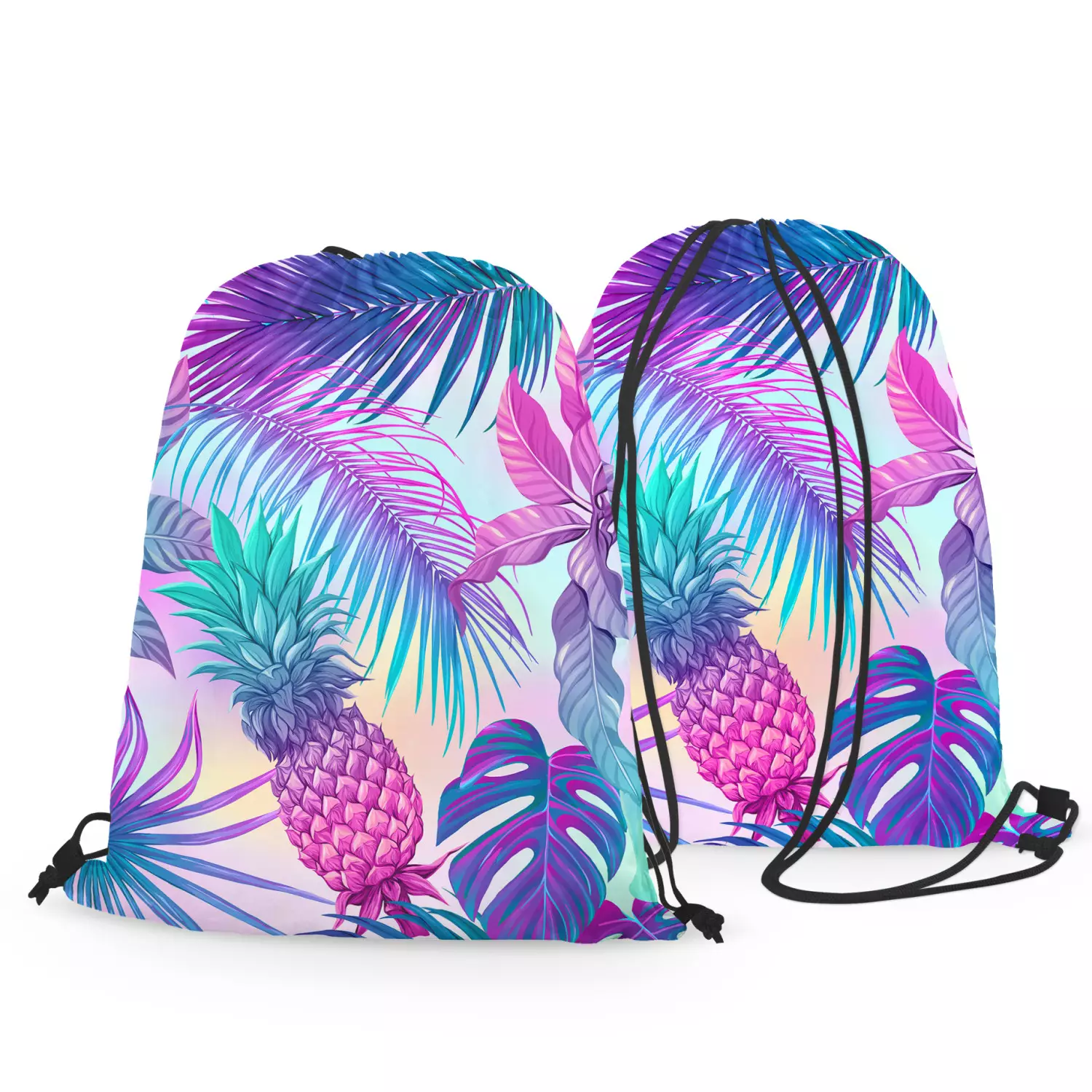 String backpack bag Pina colada neon graphic pattern with tropical flora bimago