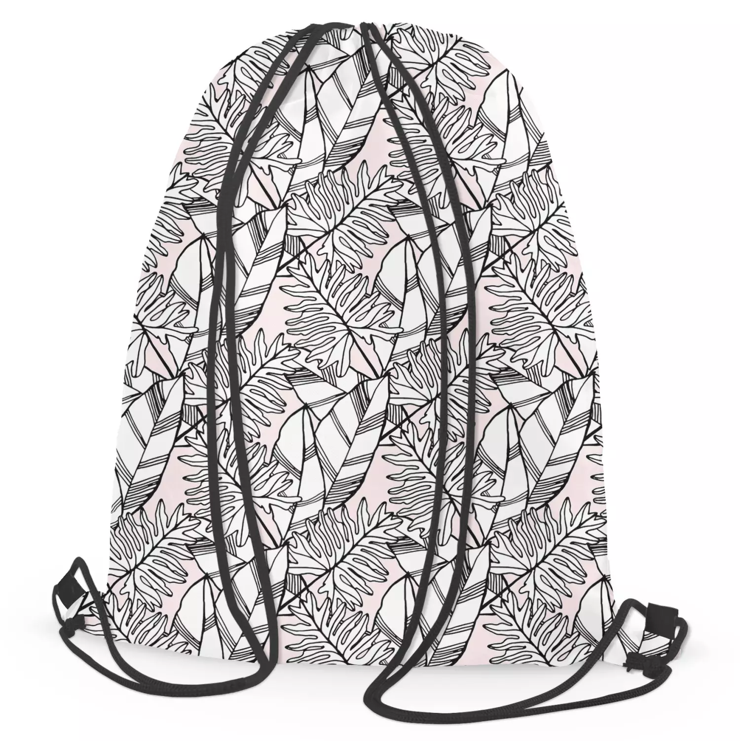 String backpack bag Leafy mauresque black and white floral pattern in linear style bimago
