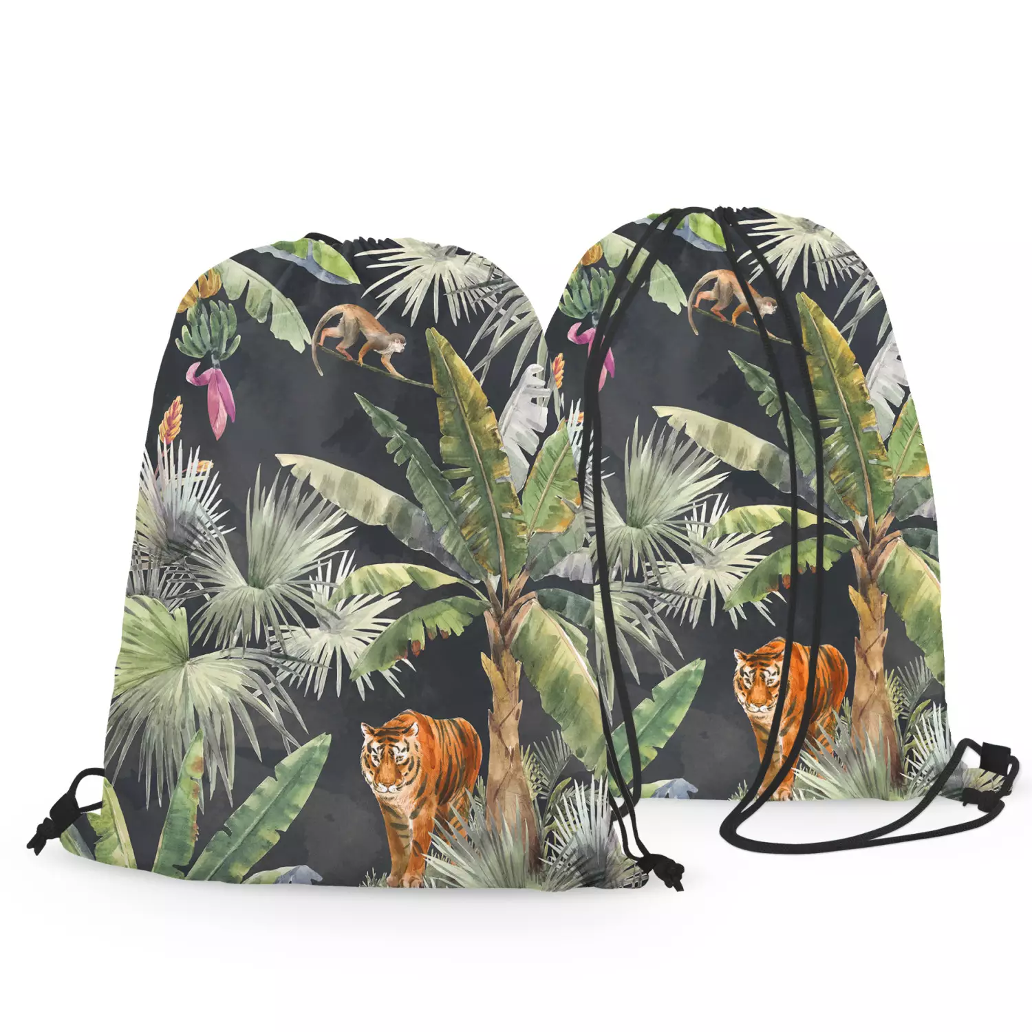 Backpack bag In the jungle palm trees tiger and monkey on dark background bimago