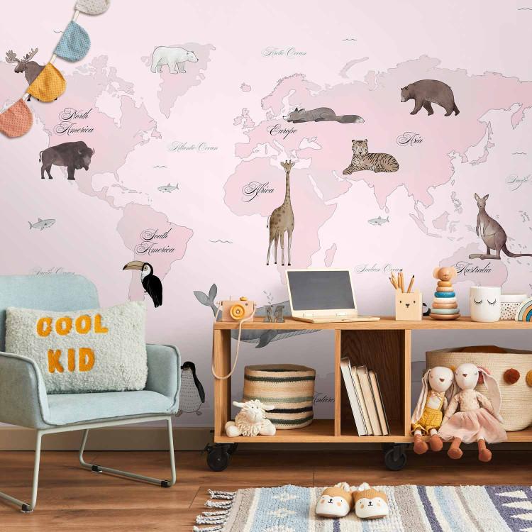 Wall Mural World Map for Kids - Continents and Oceans in Pink Shades