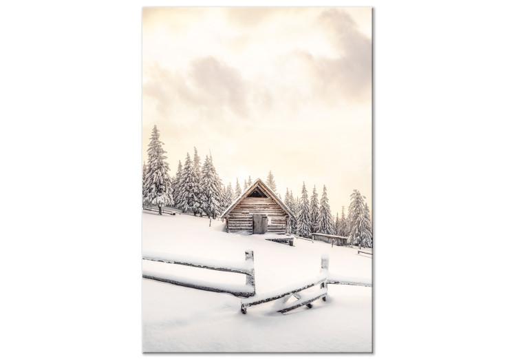 Canvas Print Winter Cottage - Sunrise Landscape Over the Forest and Mountain Cottage