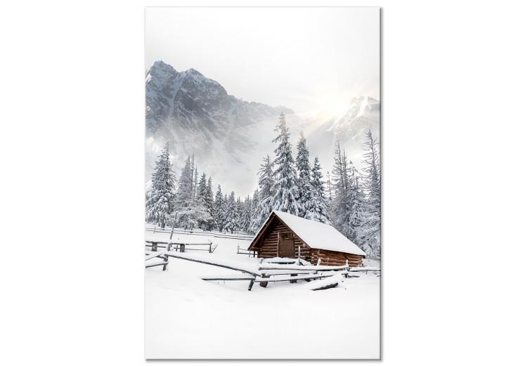 Canvas Print Winter Morning - Sunrise Landscape Over the Mountains, Forest and a Cottage