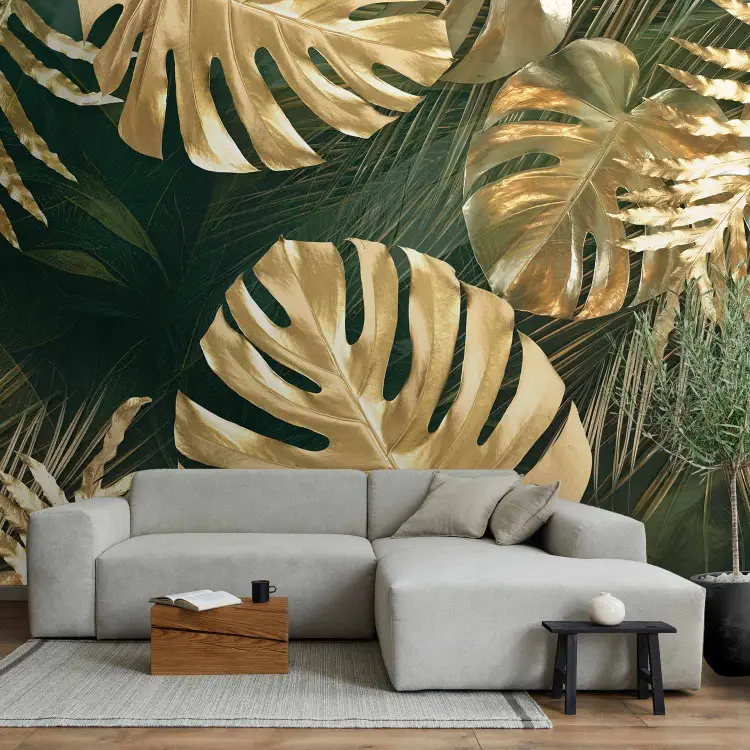 Golden Leaves - Floral Composition With Monsters on a Green Background