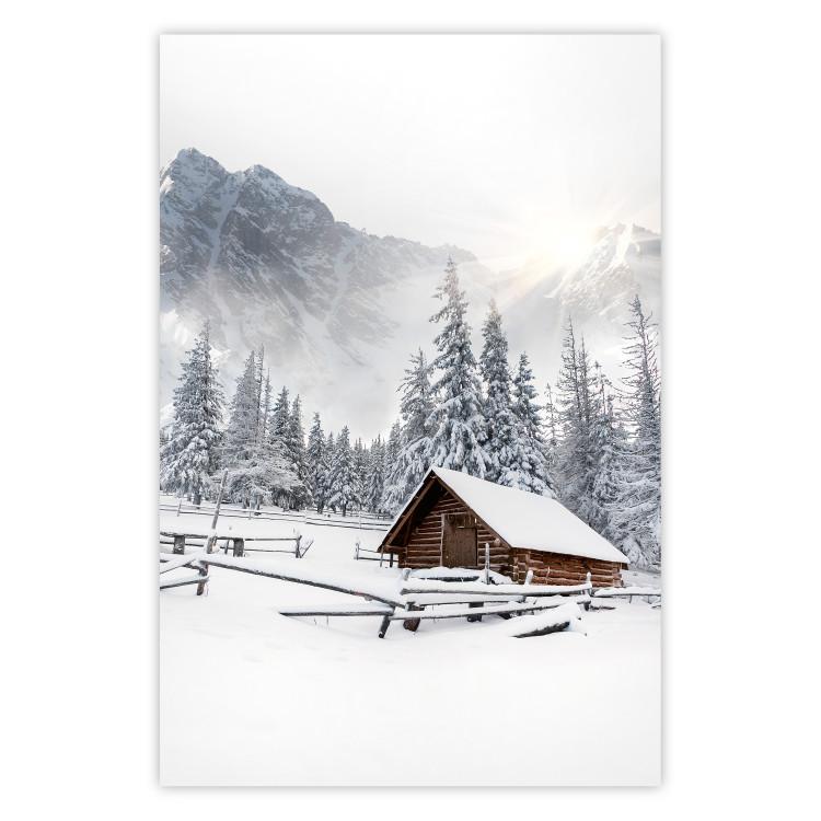 Poster Winter Morning - Sunrise Landscape Over the Mountains, a Cottage and a Forest