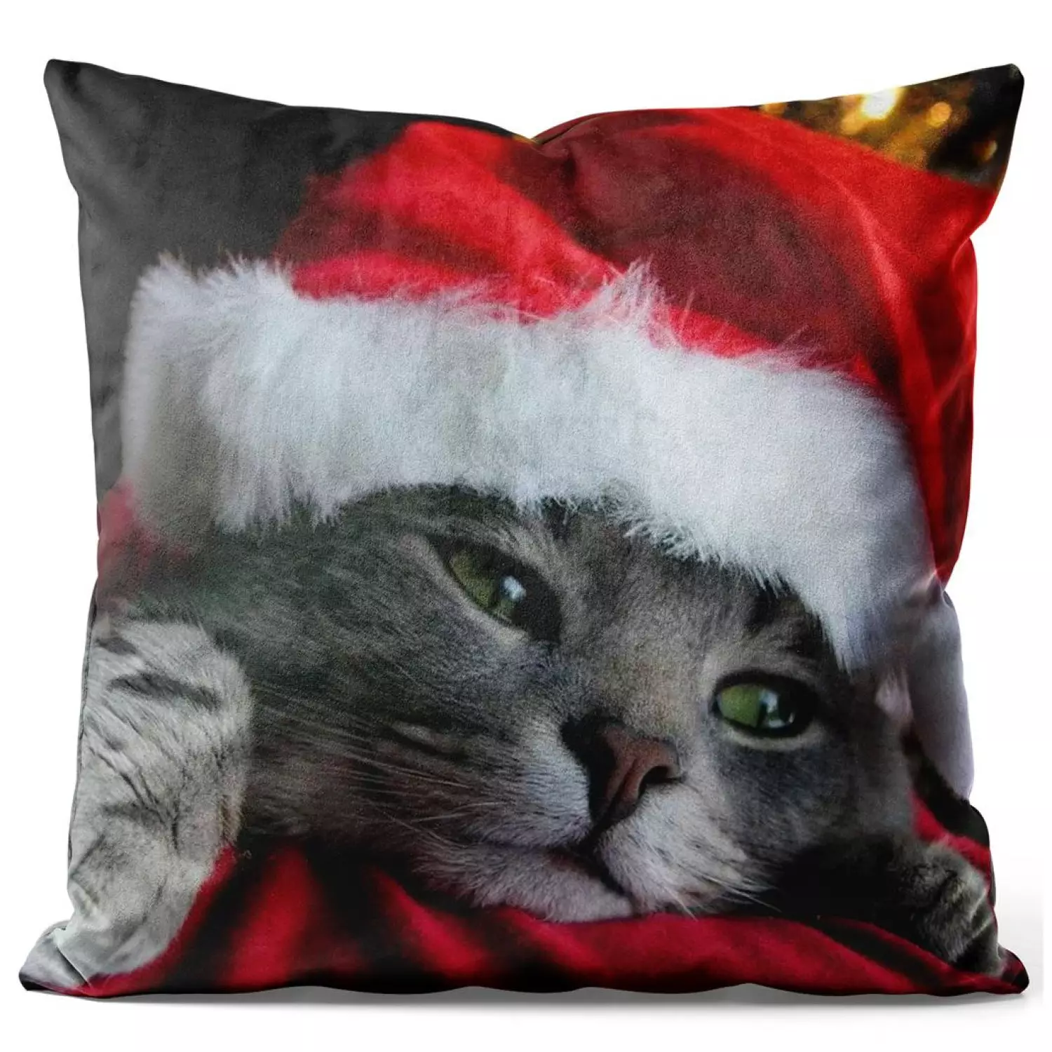 Velvet pillow cases Cat with Santa hat Christmas animal on dark background bimago