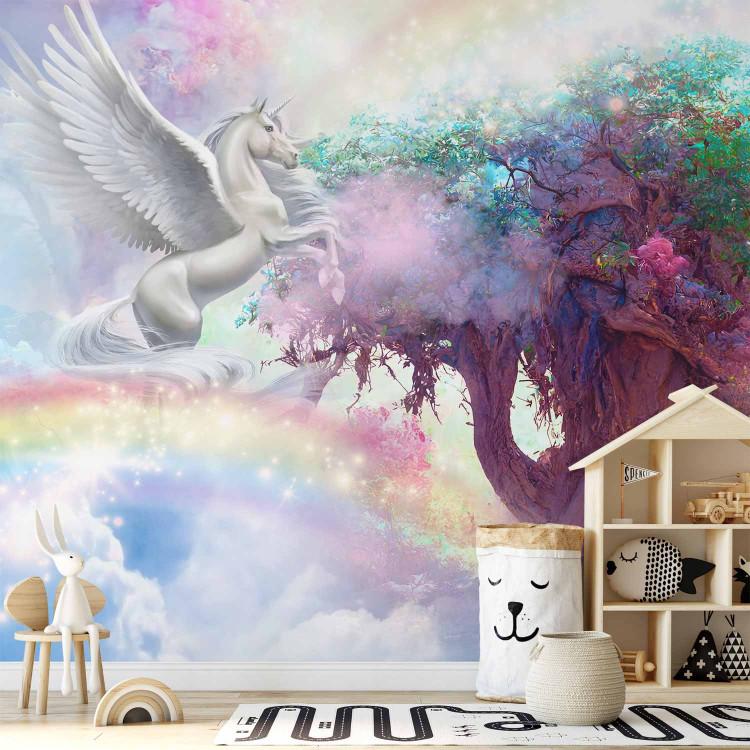 Wall Mural Unicorn and Magic Tree - Colorful and Rainbow Land in the Clouds