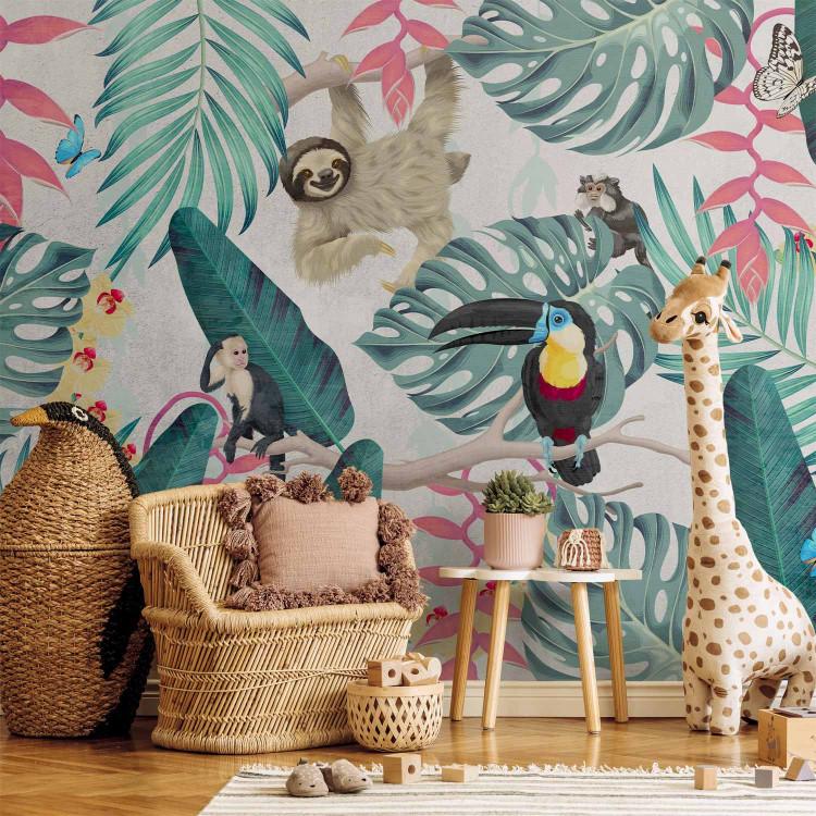 Wall Mural Sloth and Monkeys - Exotic Jungle With Birds on a Light Background