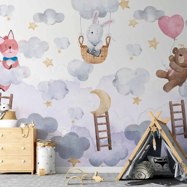 For Children - Teddy Bear, a Bunny and a Fox Flying in the Stars and Clouds