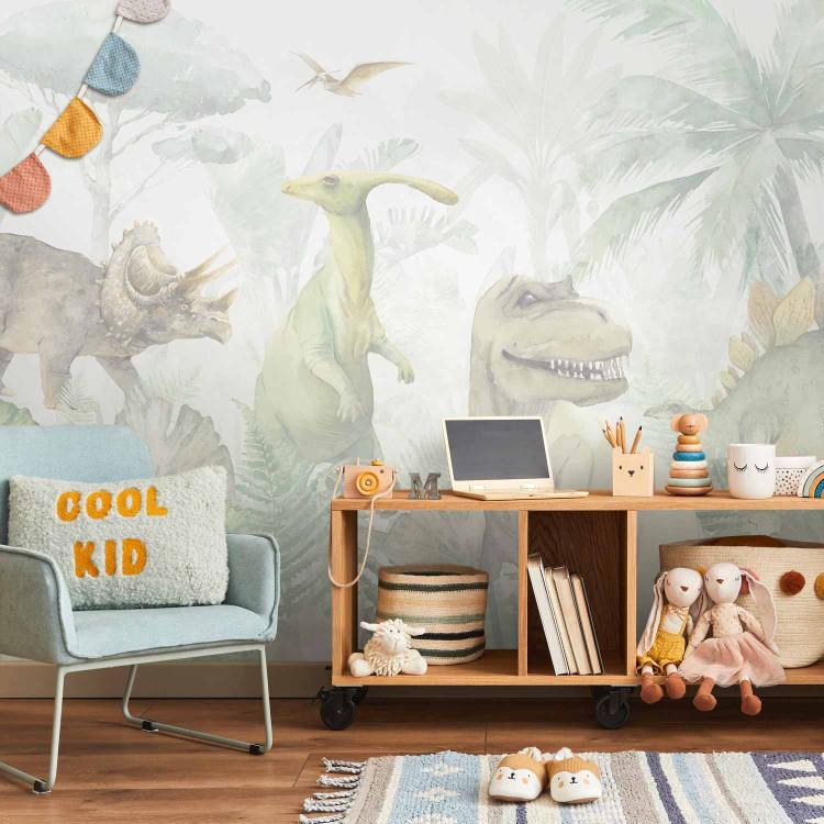 Wall Mural Dinosaurs - Pastel Watercolor Reptiles in a Prehistoric Jungle