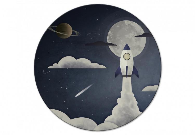 Round Canvas Print Space Travel - Rocket Against the Backdrop of Stars, Clouds, Planets and the Moon