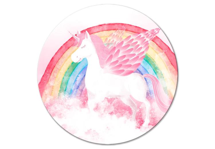Round Canvas Print Magic World - Unicorn and Rainbow Against a Pink Sky