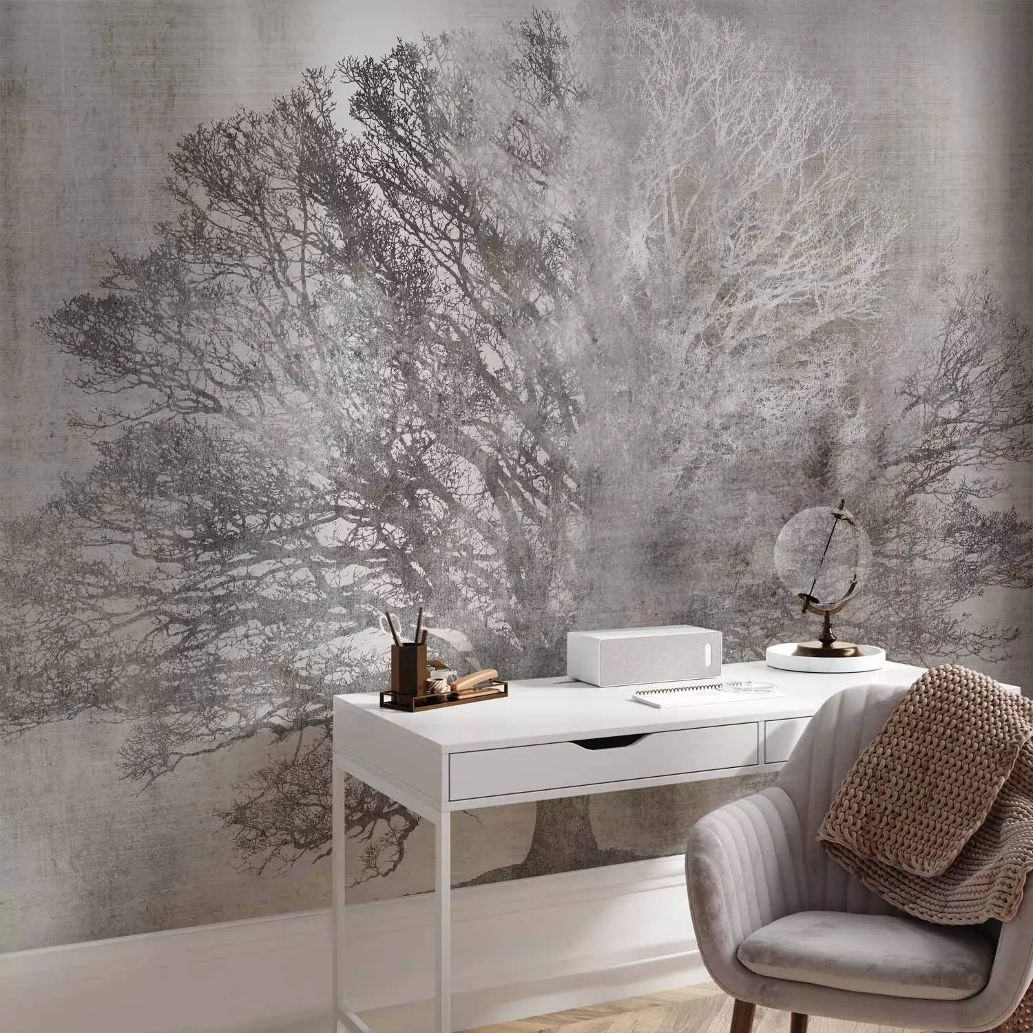 Wall Mural Silver Oak Spreading Tree Without Leaves in Shades of Gray bimago