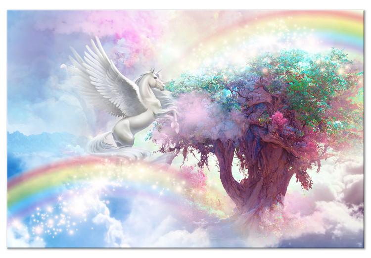 Canvas Print Unicorn and Magic Tree - Fairy-Tale and Rainbow Land in the Clouds