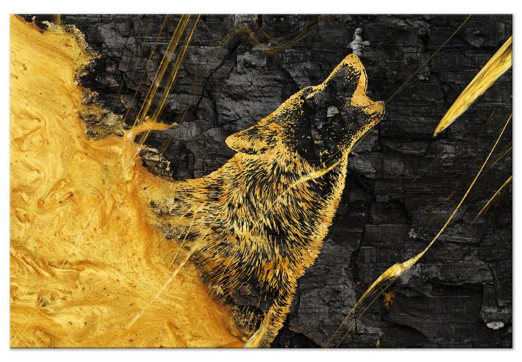 Canvas Print Howling Wolf - Shining Golden Animal on a Black Coal Background